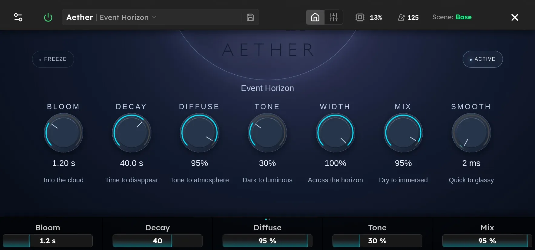 The Aether device screen: Freeze and Active switches, the preset name, and the Bloom, Decay, Diffuse, Tone, Width, Mix, and Smooth controls on the Axion display.