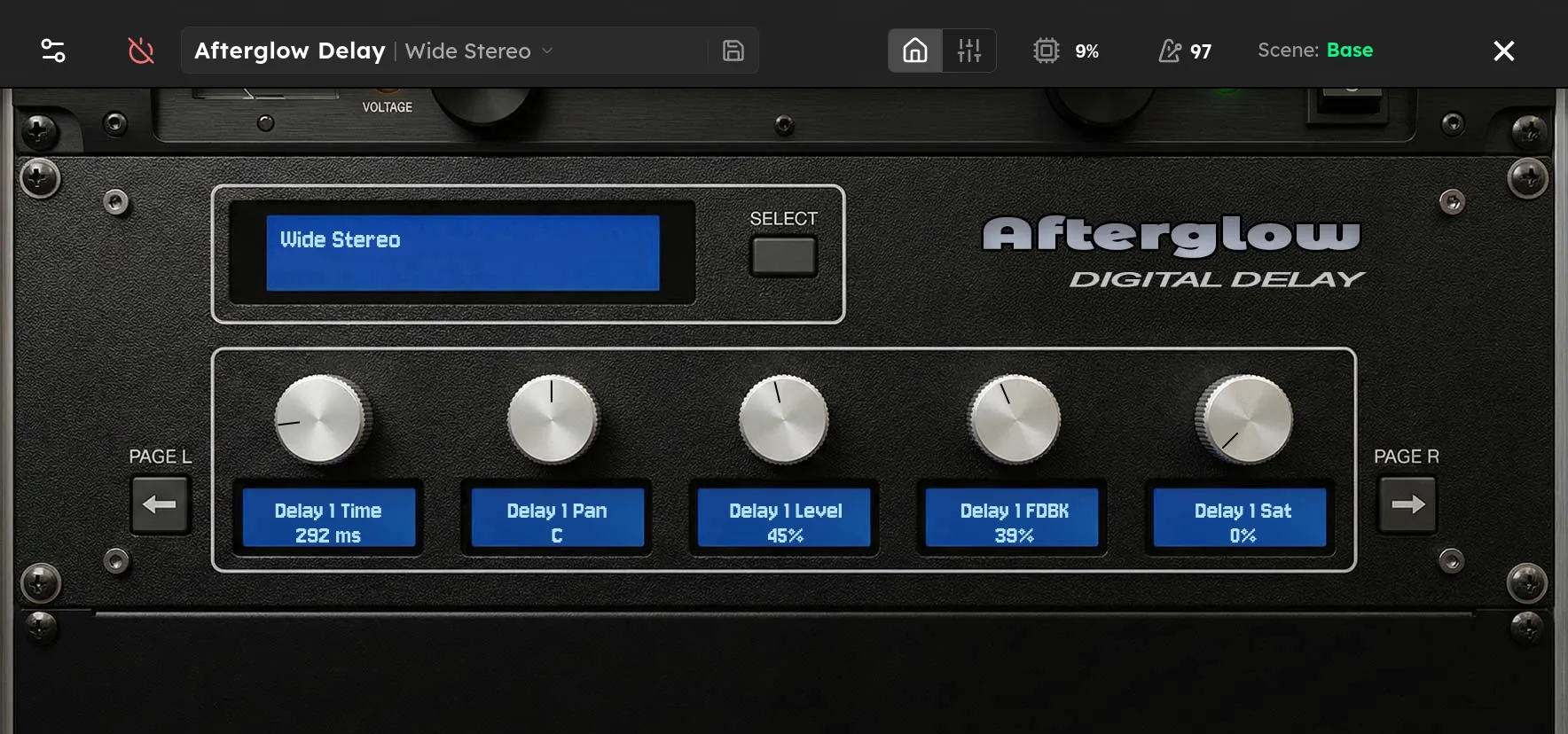 The Afterglow Delay device screen showing delay controls on the Axion display.