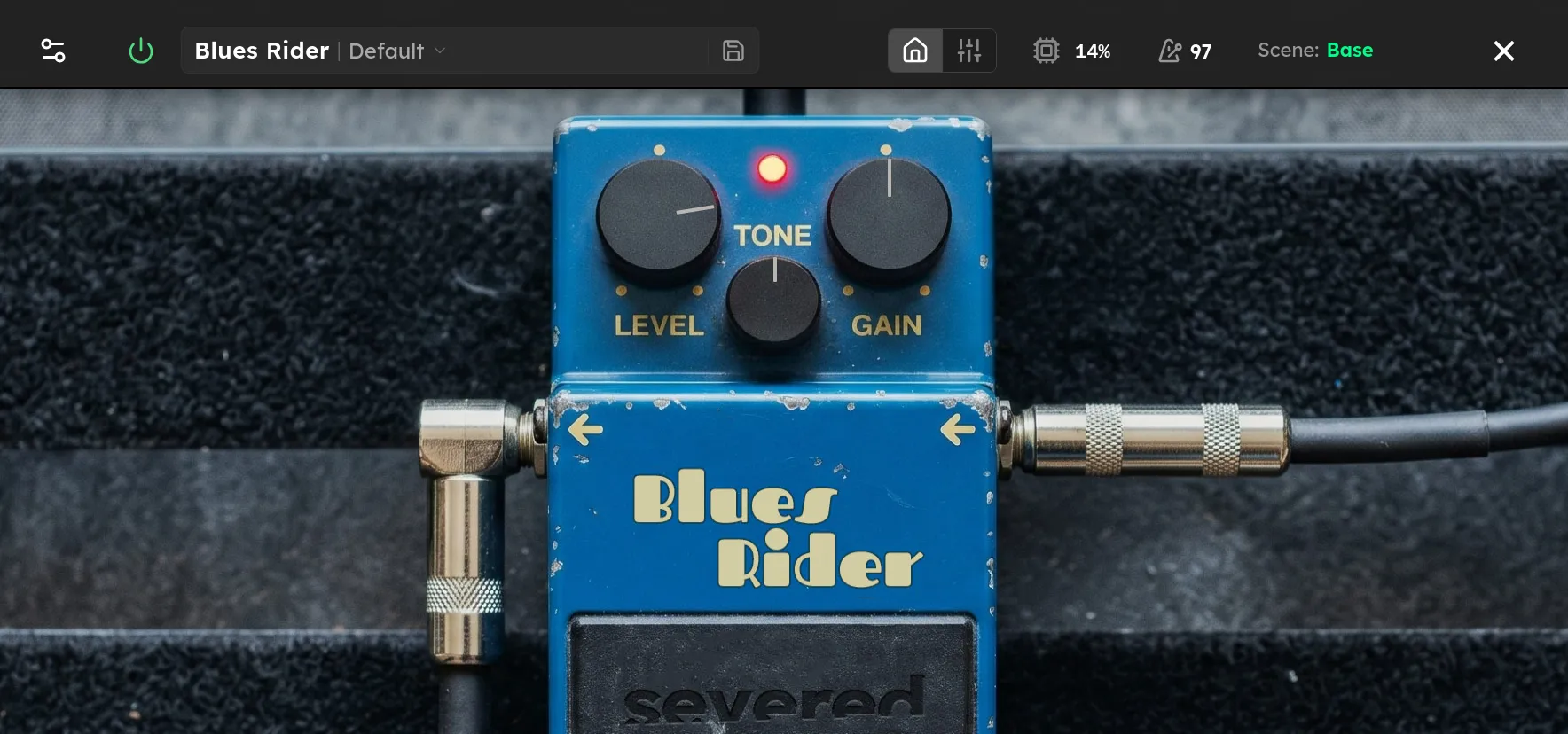 The Blues Rider device screen: Level, Tone, Drive, and Mode controls on the Axion display.