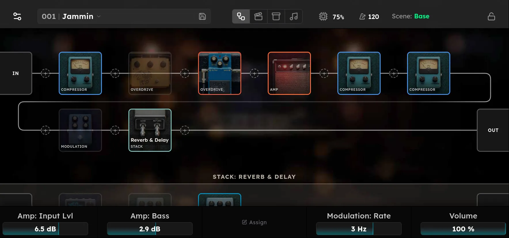 The rig editor on the Axion display, where the signal chain is built and shaped.
