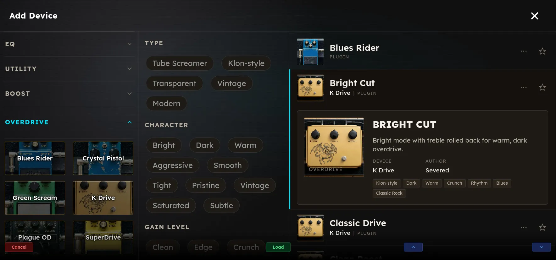 The Add Device browser, with categories on the left, type and character tag filters in the middle, and the matching devices and presets on the right.