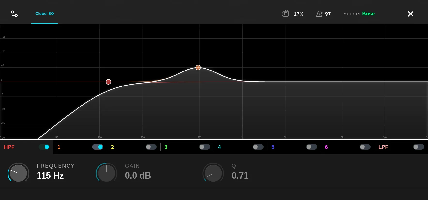 The Signal 8 Band EQ screen with eight filter bands and an interactive frequency graph.