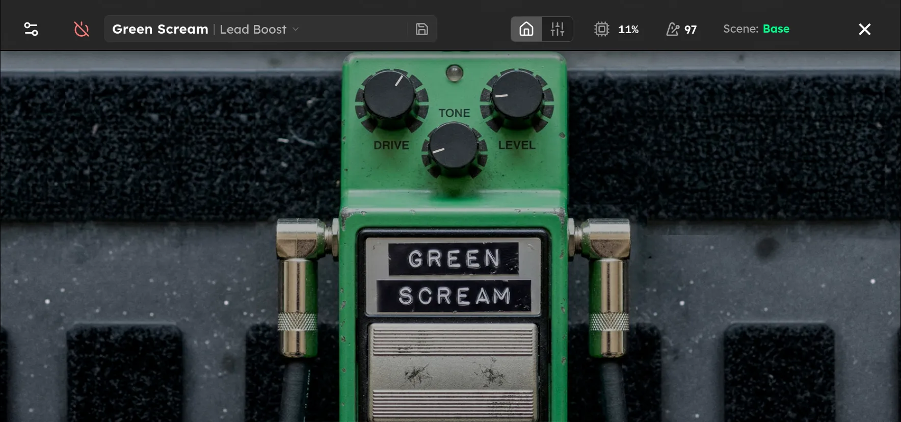 The Green Scream device screen: Drive, Tone, and Level knobs with a TS808/TS9 mode switch.