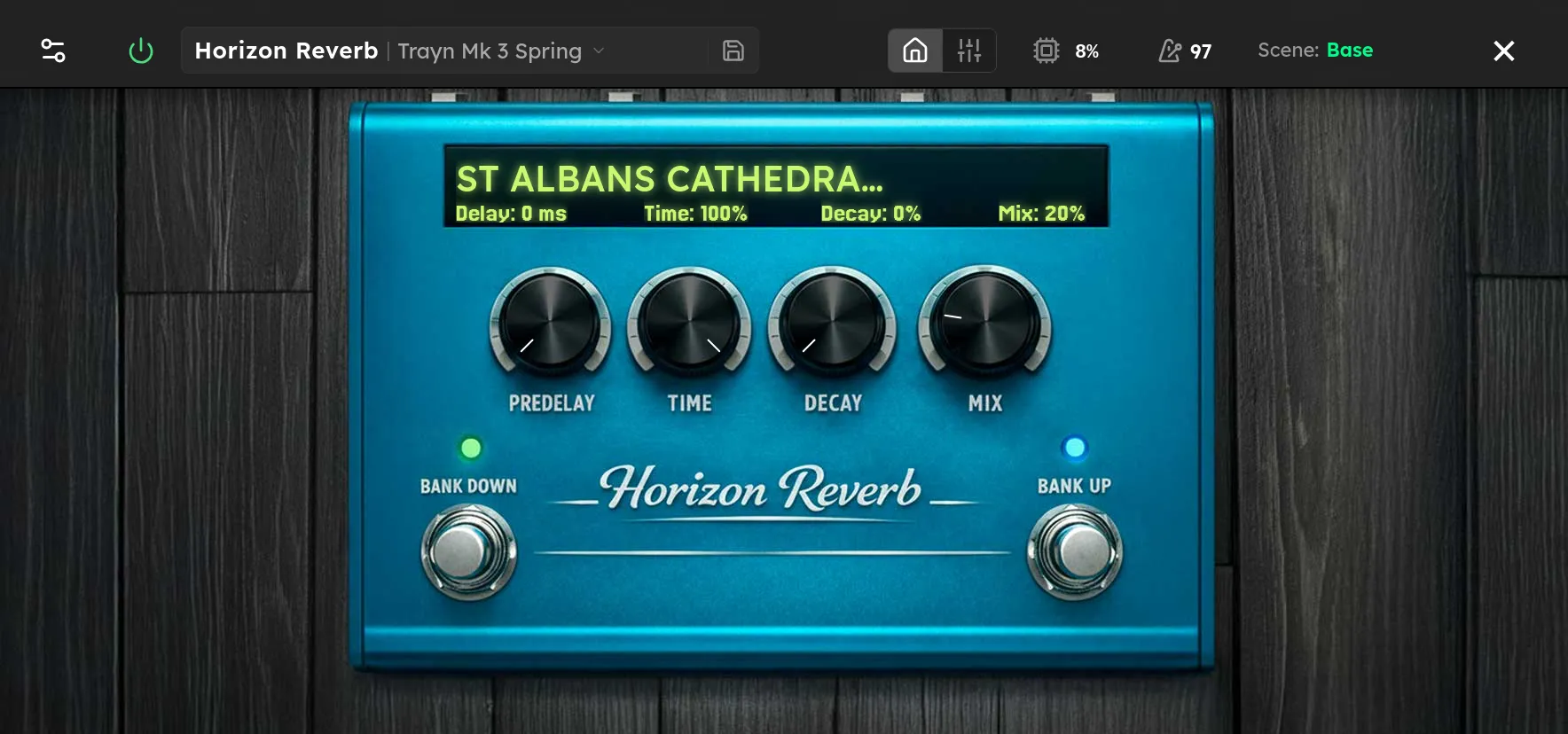 The Horizon Reverb device screen showing reverb controls on the Axion display.