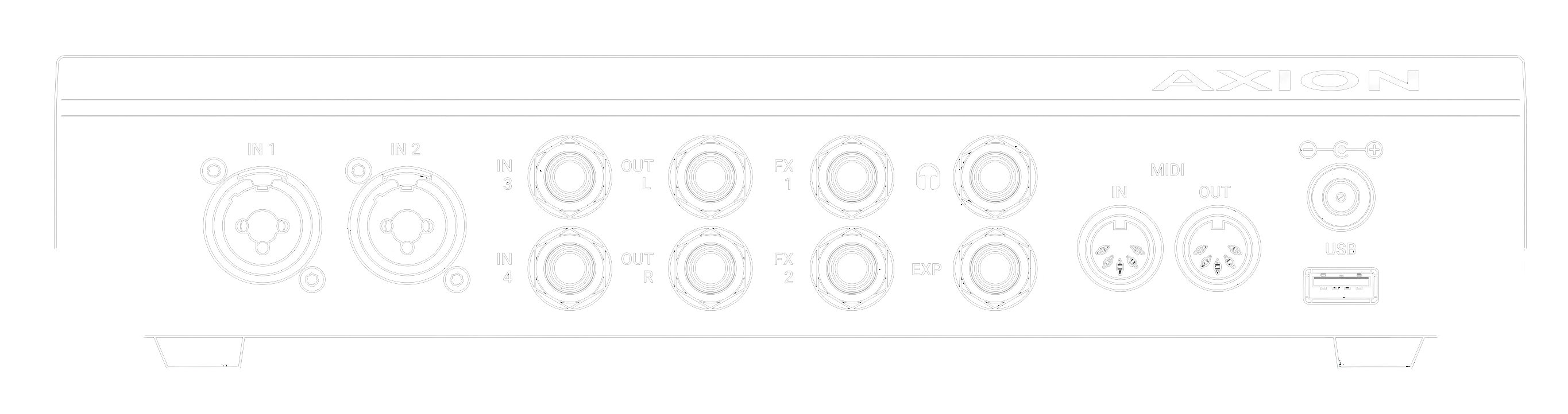 The Axion rear I/O panel, left to right: inputs IN 1 through IN 4, main outputs OUT R and OUT L, FX 1 and FX 2 sends, a headphone output, an EXP expression-pedal jack, MIDI In and MIDI Out, a USB-C port, and the DC power input.