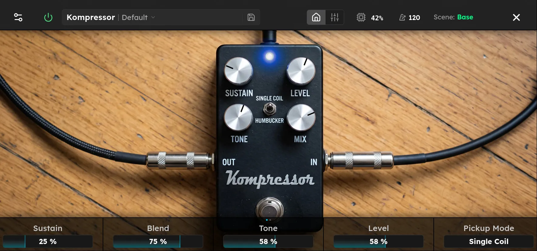 The Kompressor device screen: Sustain, Blend, Tone, Level, and Pickup Mode controls on the Axion display.