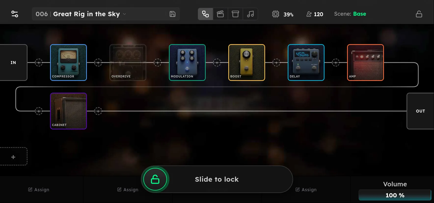 Rig view with the Slide to lock control along the bottom of the screen, opened by tapping the padlock icon in the top-right corner.