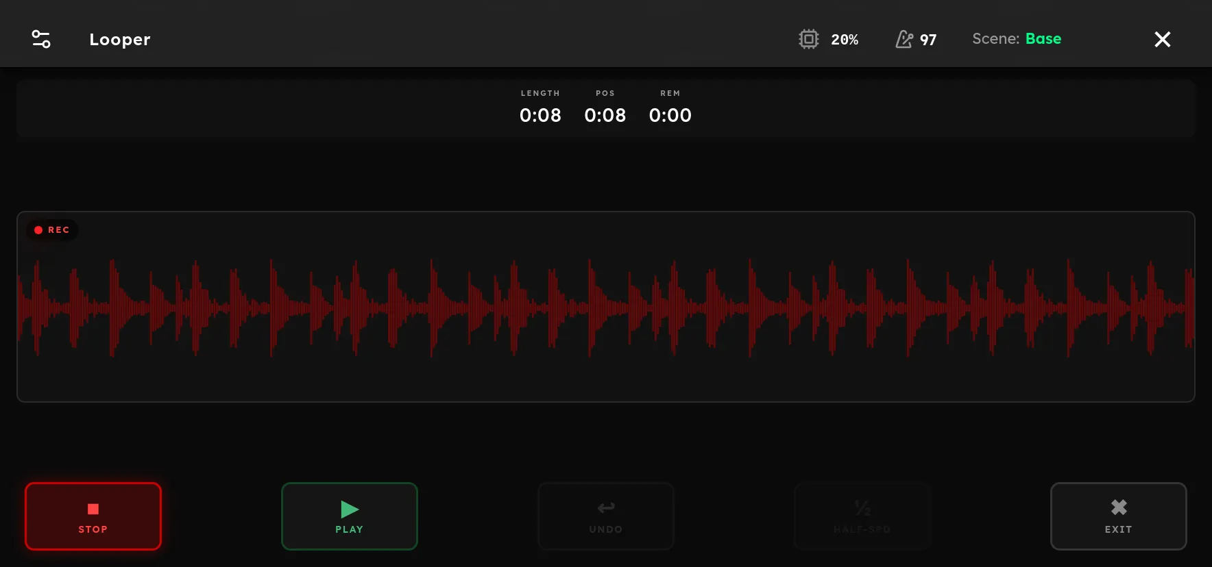 The Looper screen with transport controls, loop timing, and waveform layers.