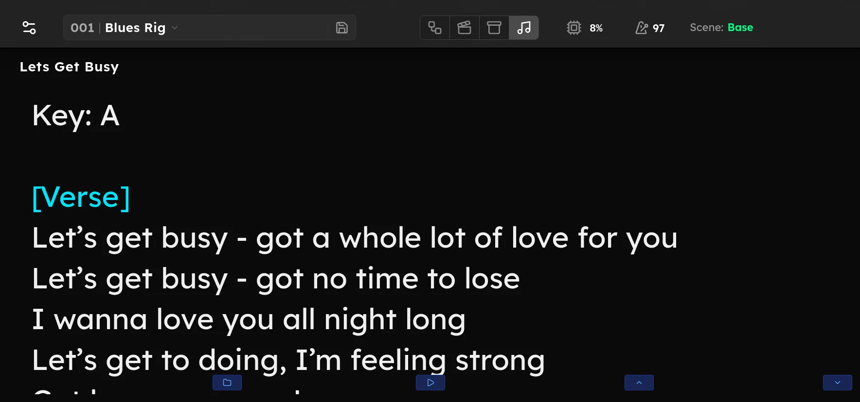 The Lyrics view on the Axion display, showing a large scrolling lyric sheet.