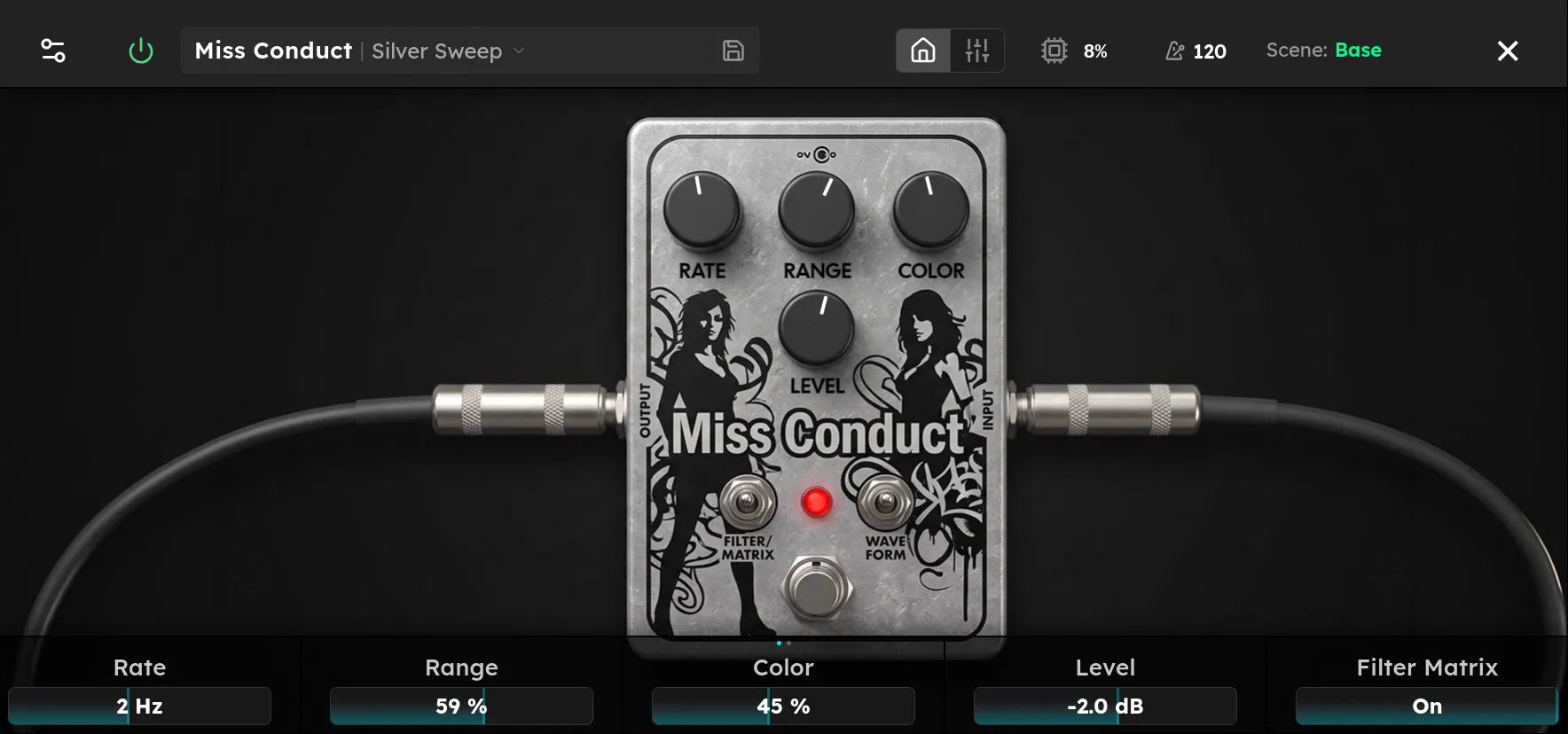 The Miss Conduct device screen: a silver flanger pedal with black Rate, Range, Color, and Level knobs and a Filter Matrix toggle below the Miss Conduct logo.