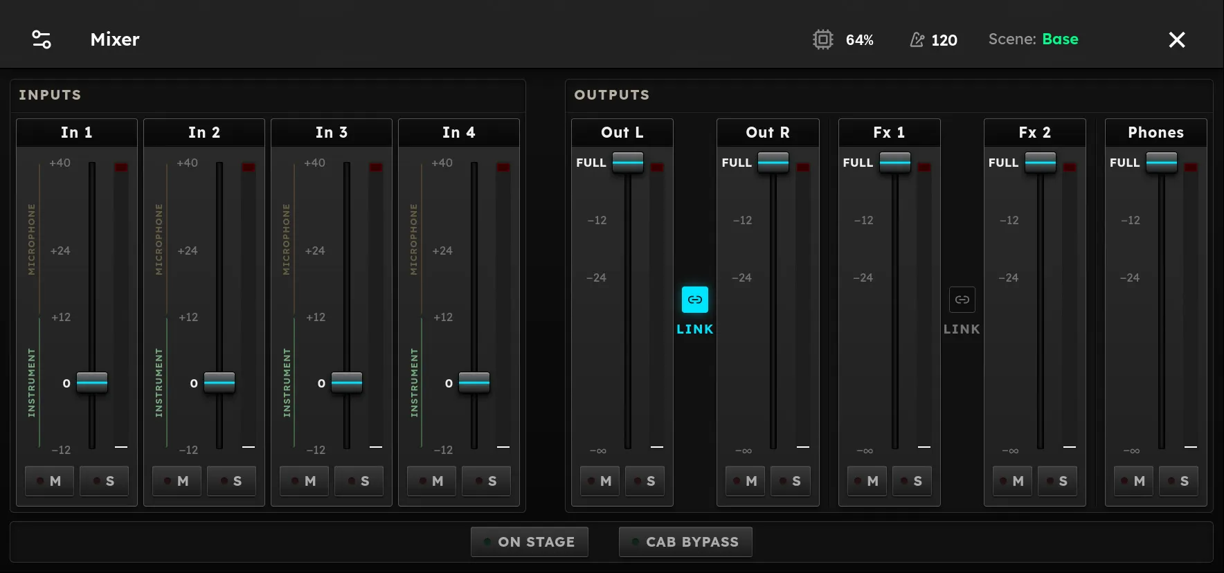 The Mixer screen. An Inputs panel holds faders for In 1 through In 4. An Outputs panel holds Out L and Out R joined by a lit LINK button, Fx 1 and Fx 2 with an unlit LINK button, and Phones. A row below the panels holds the ON STAGE and CAB BYPASS buttons, both unlit.