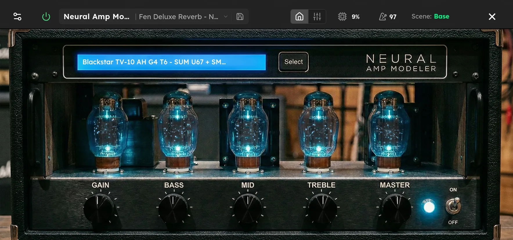 The Neural Amp Modeler device screen showing amp controls on the Axion display.