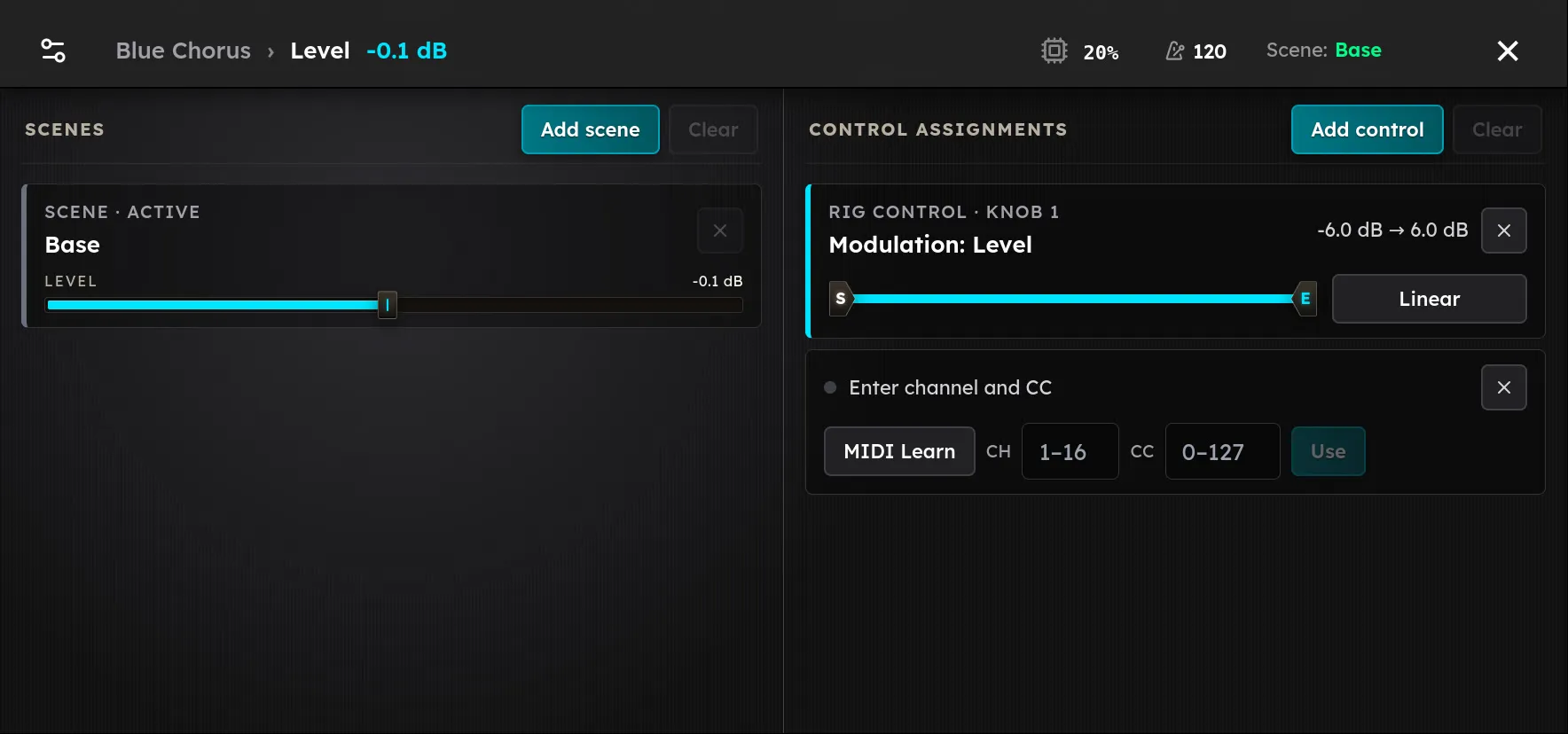 The Parameter Editor for Blue Chorus Level, with the Base scene value on the left and a Rig Control on Knob 1 plus a new MIDI row under Control Assignments on the right.