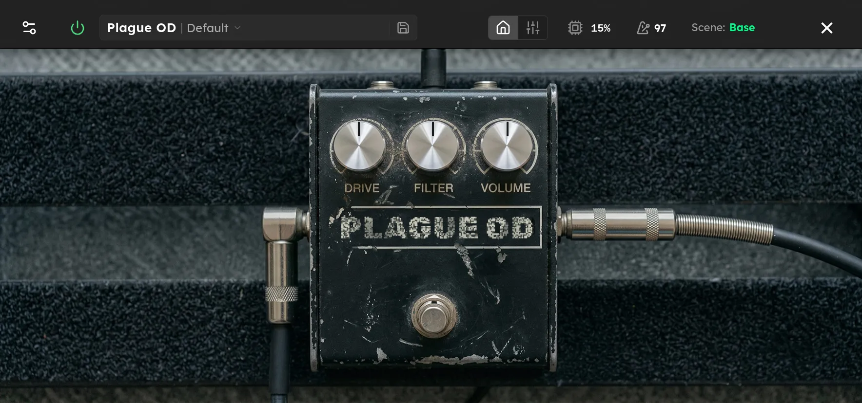 The Plague OD device screen: Distortion, Filter, and Level controls on the Axion display.