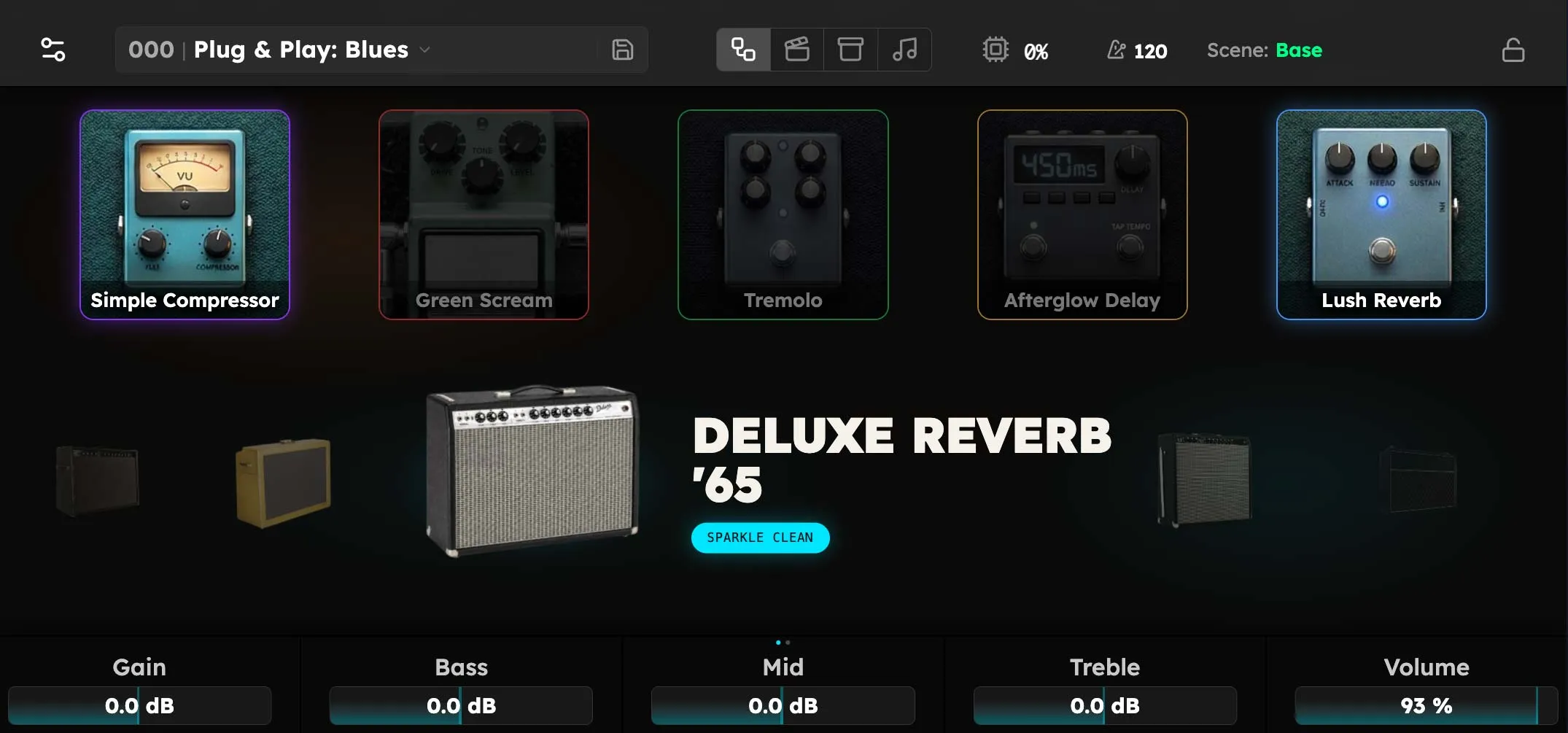 The Plug & Play stage on the Axion display: a row of pedals across the top, the selected amp with its voicing tag in the middle, and gain, bass, mid, treble, and volume knobs along the bottom.