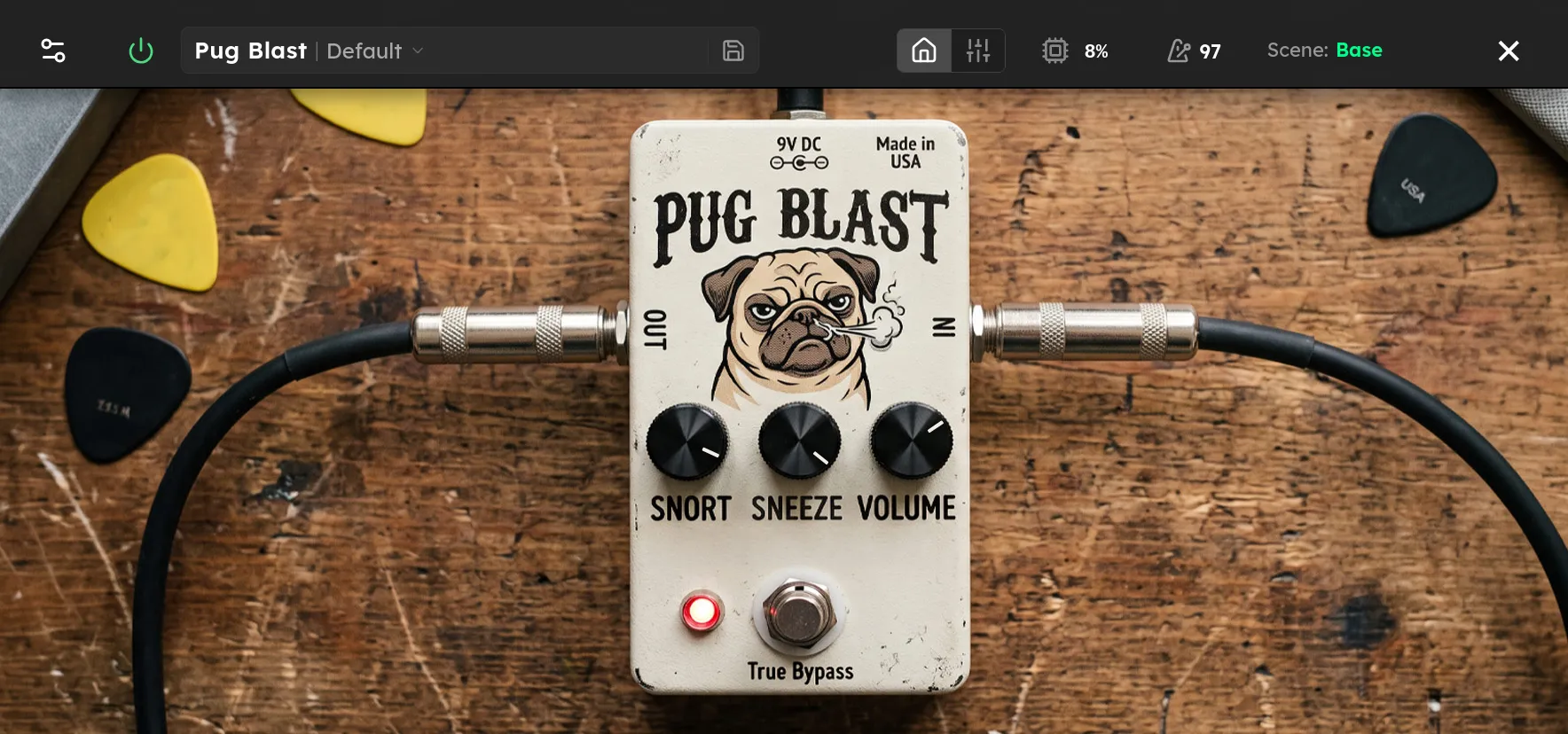 The Pug Blast device screen styled as a stompbox with Snort, Sneeze, and Volume knobs.