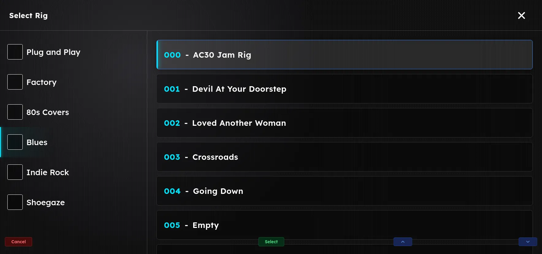The rig browser on the Axion display, listing saved rigs and set lists.