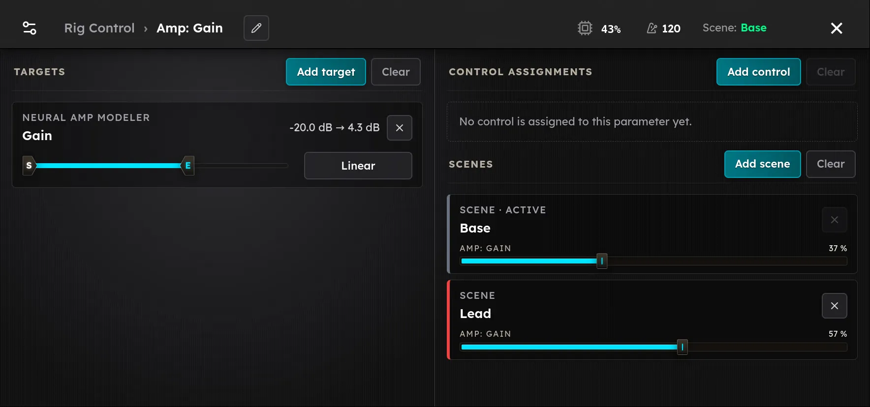 The Rig Control screen, listing the parameters a control drives under Control Assignments.