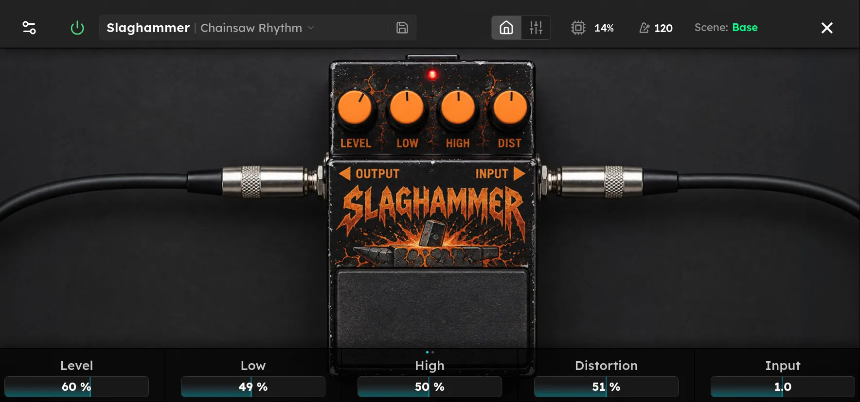 The Slaghammer device screen: a black distortion pedal with orange Level, Low, High, and Dist knobs above the Slaghammer logo.