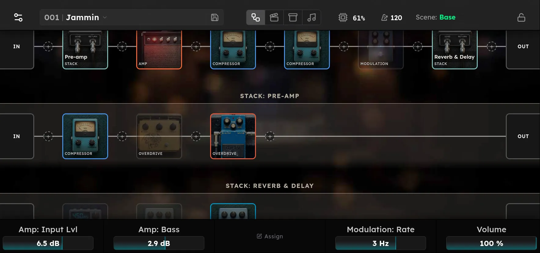 A rig with a Stack block in the main chain and the Stack's chains below it.