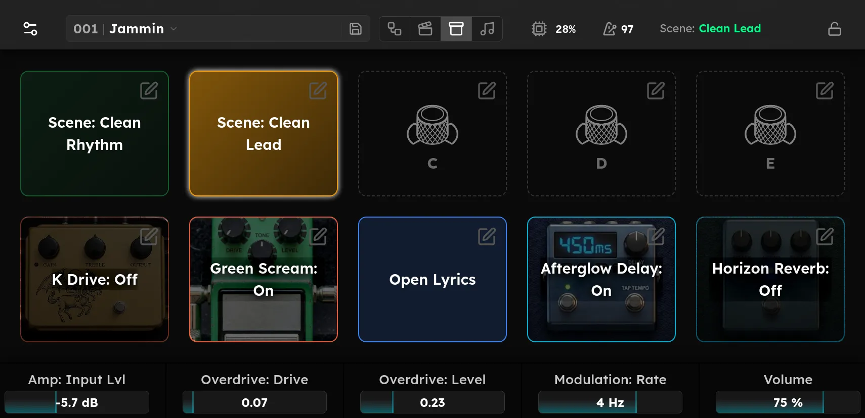 The Stomp view on the Axion display, showing the pedalboard-style grid of assigned switches.
