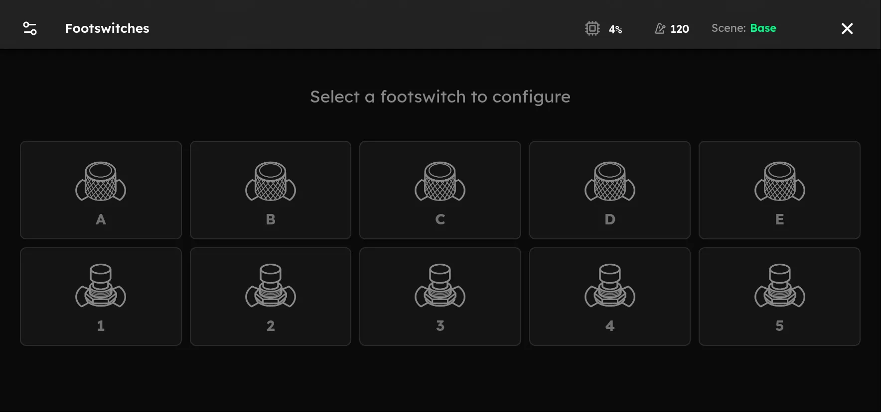 The Footswitches screen, with knobs A-E on the top row and footswitches 1-5 below.
