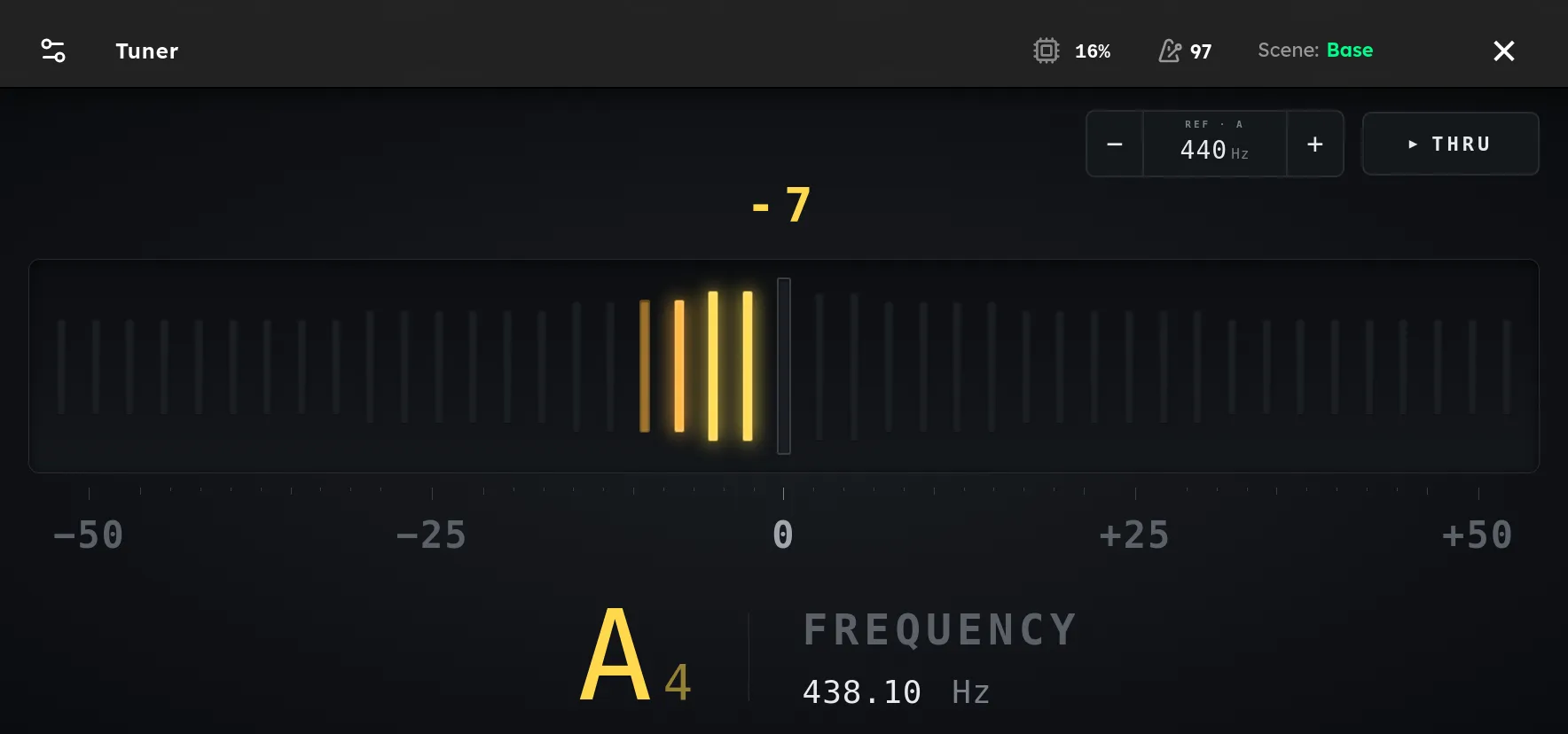 The Tuner screen showing A4 at 438.10 Hz, seven cents flat, with a cents ladder and reference pitch controls.