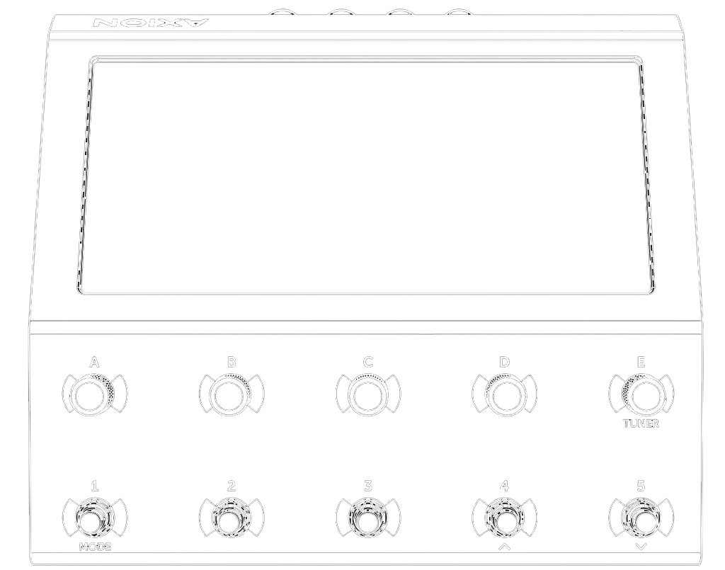 The Axion top panel: a wide touchscreen, a row of five knobs labeled A to E directly below it, and a row of five footswitches labeled 1 to 5 along the front edge.
